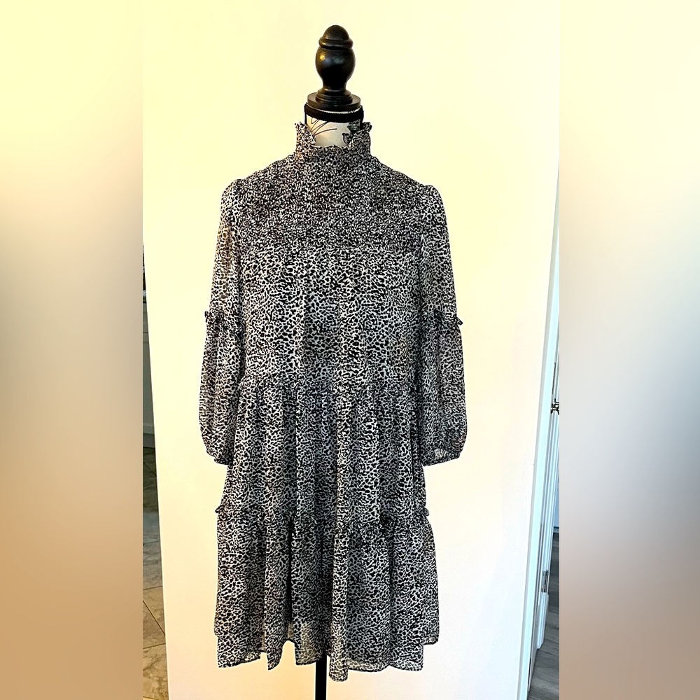 Just...Taylor Black, Brown & White Leopard Print Mockneck Ruffle Dress XS 🖤